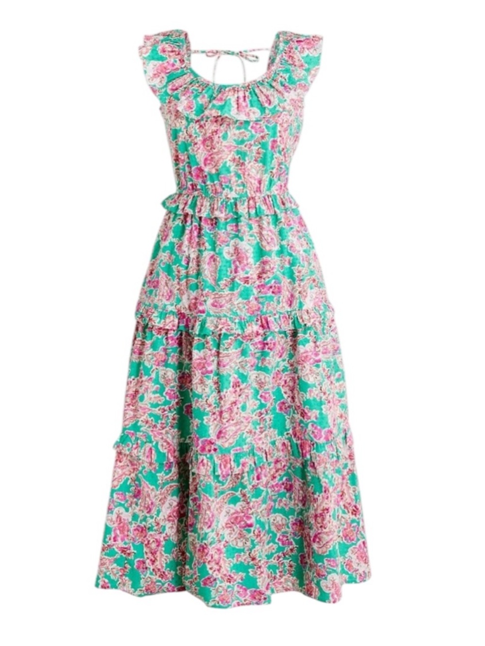 J. Crew Floral Ruffle Midi Dress Size 4 Green Pink Floral Vacation Boho Summer